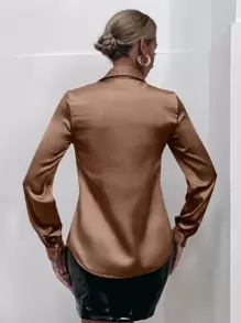 SHEIN Allurite Satin Solid Button Front Shirt,Long Sleeve Tops