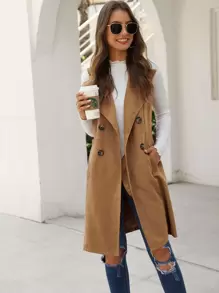 EMERY ROSE Double Breasted Pocket Side Vest Coat - Camel - View 1
