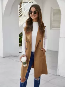 EMERY ROSE Double Breasted Pocket Side Vest Coat - Camel - View 3