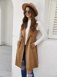 EMERY ROSE Double Breasted Pocket Side Vest Coat - Camel - View 5