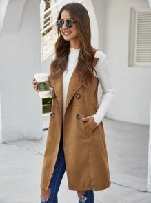 EMERY ROSE Double Breasted Pocket Side Vest Coat - Camel - View 6