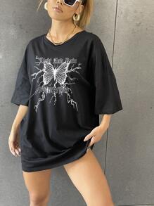 SHEIN Unity Slogan & Butterfly Print Drop Shoulder Oversized Tee - Black - View 4