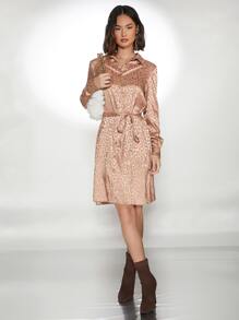 SHEIN Đầm Thắt lưng màu trơn Thanh lịch Hấp dẫn Retro - Màu be - Xem 3