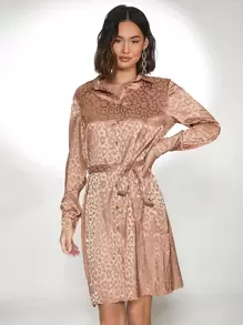 SHEIN Đầm Thắt lưng màu trơn Thanh lịch Hấp dẫn Retro - Màu be - Xem 1