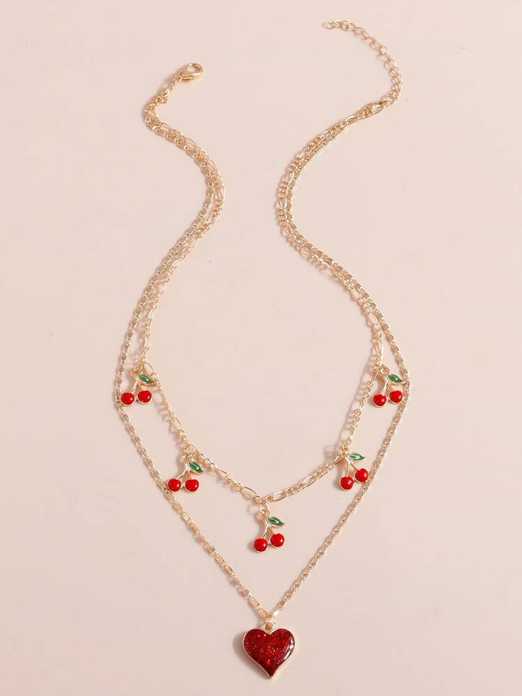 樱桃与心形吊坠多层项链 - 彩色 - 查看 3