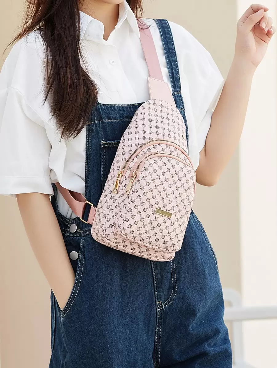 Geometric Sling Bag, Fashion Faux Chest Purse, Women's Crossbody Bag For Sports & Travel