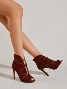 Botines de punta abierta con tacón delgado tira con diseño - Marrón - Ver 3