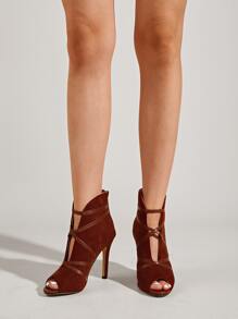 Botines de punta abierta con tacón delgado tira con diseño - Marrón - Ver 4