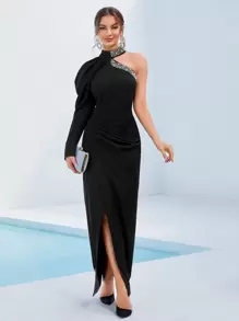 Modelyn Rhinestone Pearls Beaded Asymmetrical Neck Wrap Hem Dress - Black - View 1