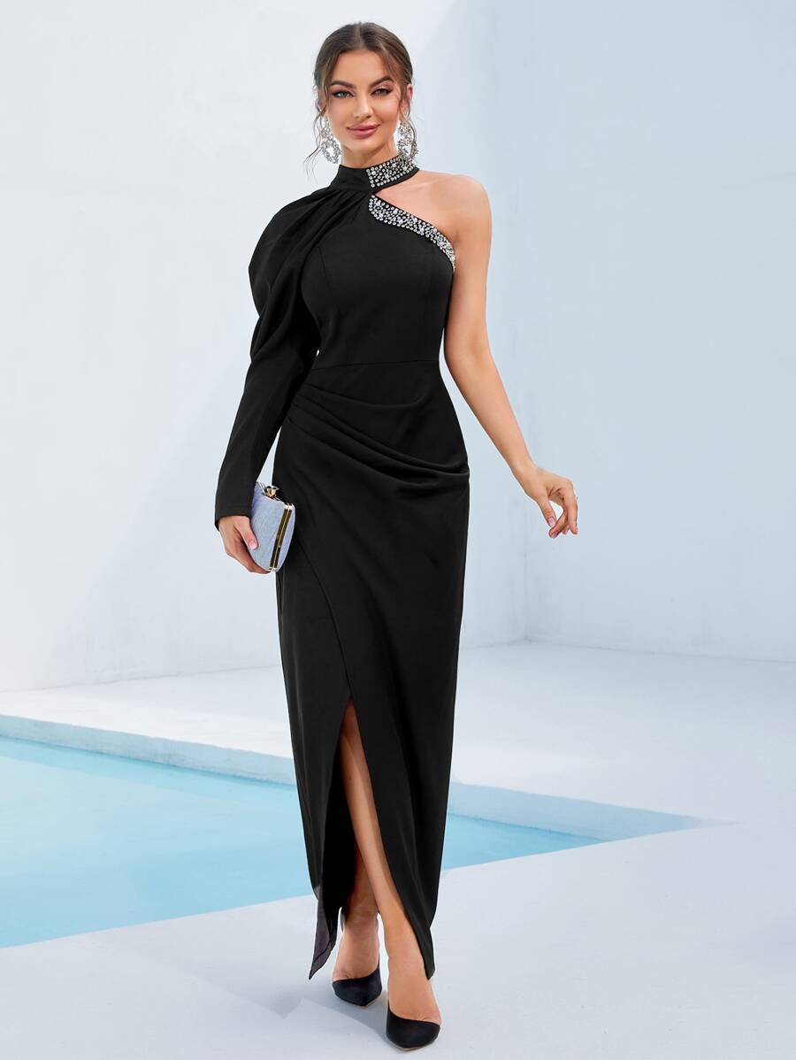 Modelyn Rhinestone Pearls Beaded Asymmetrical Neck Wrap Hem Dress - Black - View 1