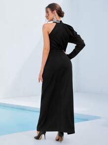 Modelyn Rhinestone Pearls Beaded Asymmetrical Neck Wrap Hem Dress - Black - View 2