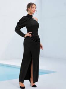 Modelyn Rhinestone Pearls Beaded Asymmetrical Neck Wrap Hem Dress - Black - View 3