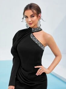 Modelyn Rhinestone Pearls Beaded Asymmetrical Neck Wrap Hem Dress - Black - View 5