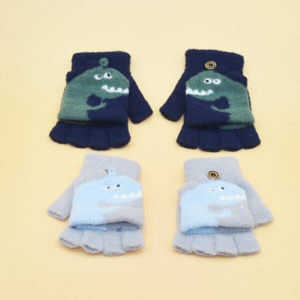 

2pairs Toddler Kids Dinosaur Pattern Gloves, Multicolor