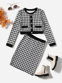 SHEIN Cô gái Tween In Houndstooth Áo và Váy - Đen và trắng - Xem 1