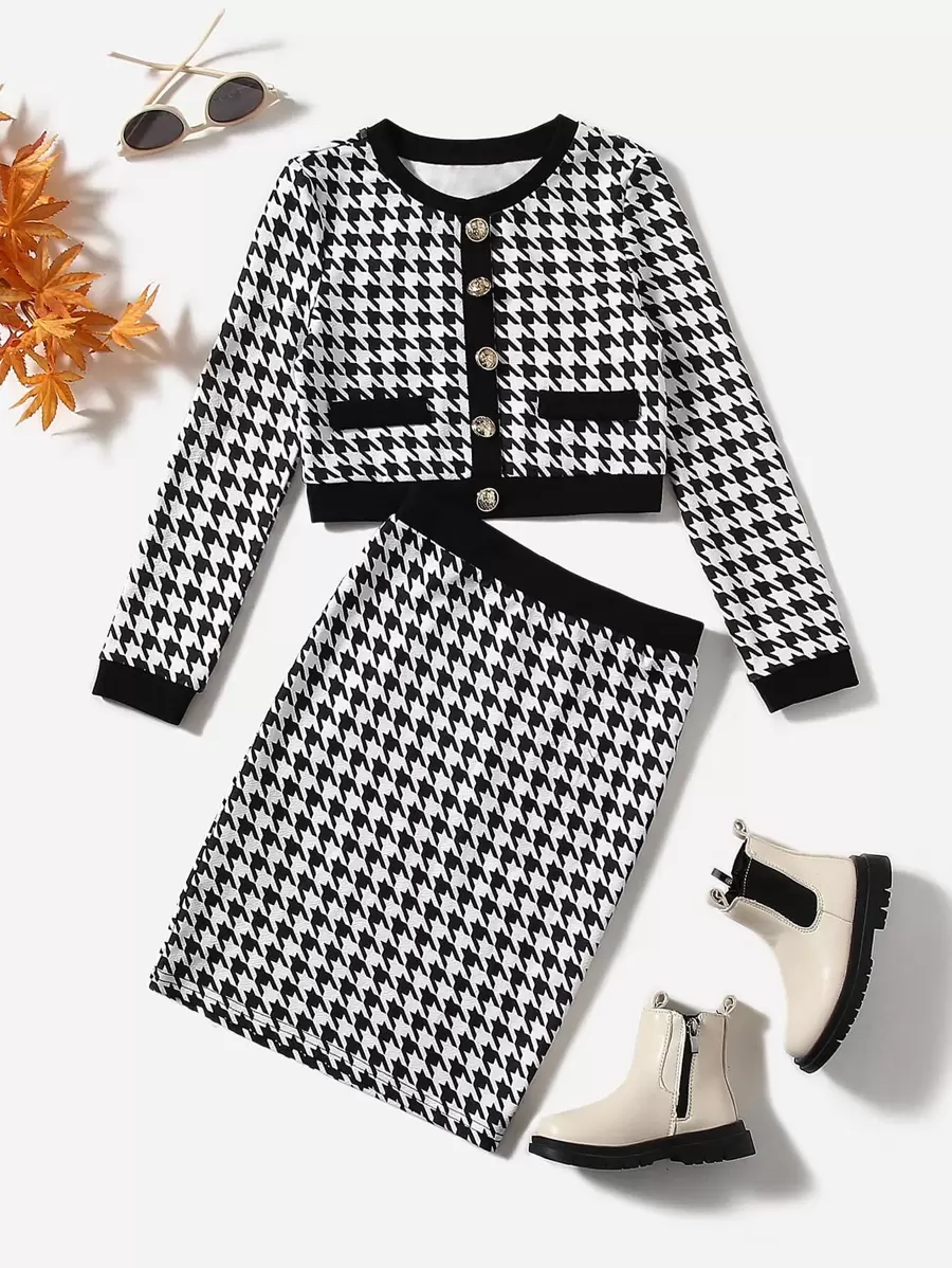 SHEIN Cô gái Tween In Houndstooth Áo và Váy - Đen và trắng - Xem 1