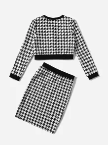 SHEIN Cô gái Tween In Houndstooth Áo và Váy - Đen và trắng - Xem 2