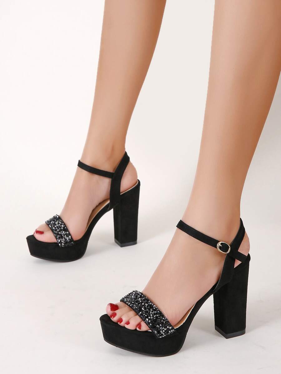 Sandalias de tacón grueso con plataforma de decoración de lentejuelas para mujer, sandalias de tacón de banquete glamorosas - Negro - Ver 1