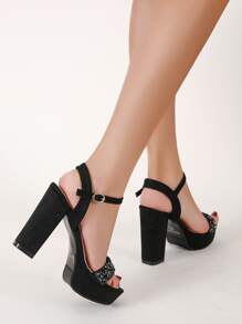 Sandalias de tacón grueso con plataforma de decoración de lentejuelas para mujer, sandalias de tacón de banquete glamorosas - Negro - Ver 5