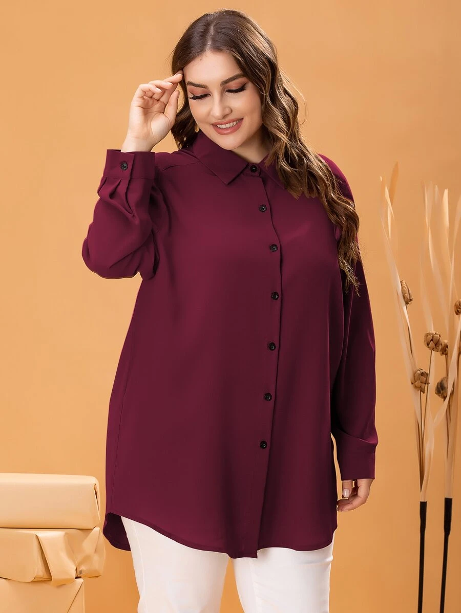 Mulvari Plus Solid Curved Hem Blouse Fall Cloth For Women