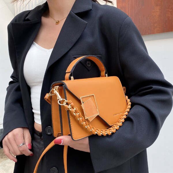 

Metal Decor Chain Flap Square Bag, Brown