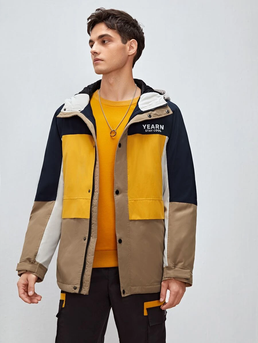 Manfinity Men Slogan Embroidery Colourblock Hooded Winter Coat - Multicolor - View 1