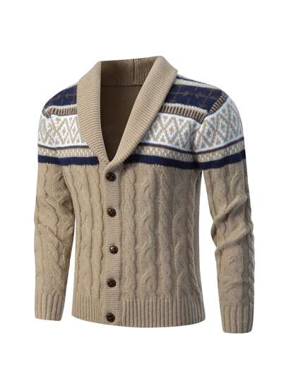 Manfinity Men Cable Knit Geo Pattern Cardigan