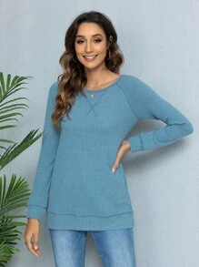 DEARCASE 頂針插肩袖華夫格編織T恤 - 藍色 - 查看 1