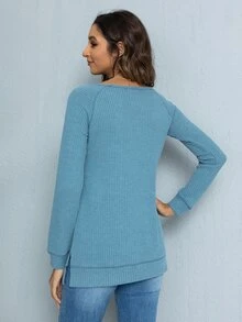 DEARCASE 頂針插肩袖華夫格編織T恤 - 藍色 - 查看 2