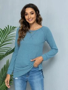 DEARCASE 頂針插肩袖華夫格編織T恤 - 藍色 - 查看 3