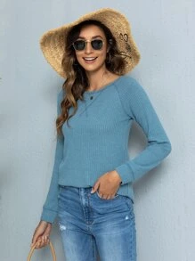 DEARCASE 頂針插肩袖華夫格編織T恤 - 藍色 - 查看 4