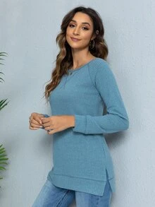 DEARCASE 頂針插肩袖華夫格編織T恤 - 藍色 - 查看 5