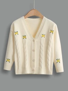 Toddler Girls Embroidery Cable Knit Button Front Cardigan - Beige - View 1