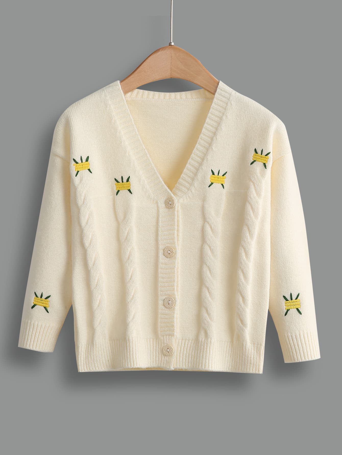 Toddler Girls Embroidery Cable Knit Button Front Cardigan - Beige - View 1