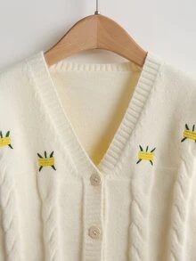 Toddler Girls Embroidery Cable Knit Button Front Cardigan - Beige - View 3