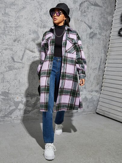SHEIN EZwear Plaid Print Drop Shoulder Split Hem Overcoat
