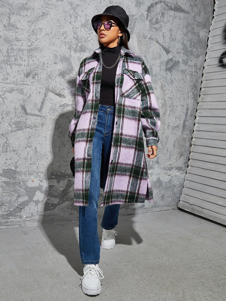 Plaid Print Drop Shoulder Split Hem Overcoat