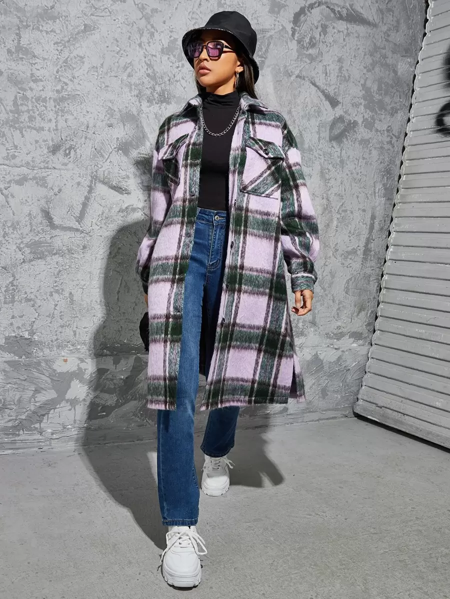 SHEIN EZwear Plaid Print Drop Shoulder Split Hem Overcoat - Multicolor - View 1
