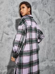 SHEIN EZwear Plaid Print Drop Shoulder Split Hem Overcoat - Multicolor - View 2