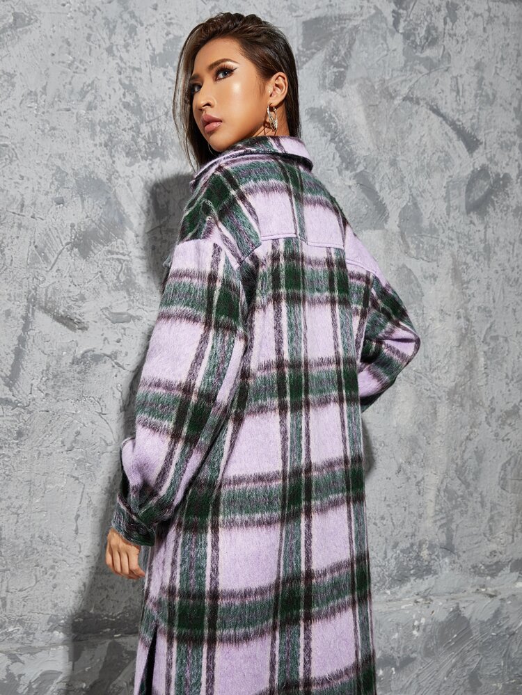 Plaid Print Drop Shoulder Split Hem Overcoat