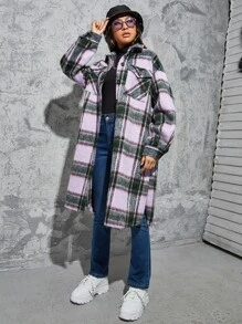 SHEIN EZwear Plaid Print Drop Shoulder Split Hem Overcoat - Multicolor - View 3