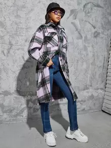 SHEIN EZwear Plaid Print Drop Shoulder Split Hem Overcoat - Multicolor - View 4