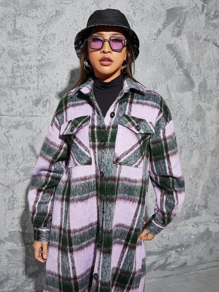 Plaid Print Drop Shoulder Split Hem Overcoat