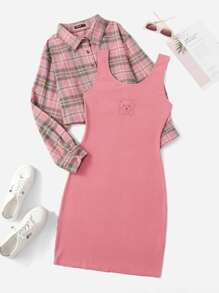 SHEIN Qutie Plus Plaid Blouse & Bear Print Bodycon Dress - Multicolor - View 1
