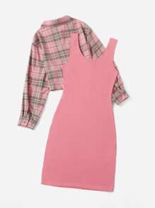 SHEIN Qutie Plus Plaid Blouse & Bear Print Bodycon Dress - Multicolor - View 2