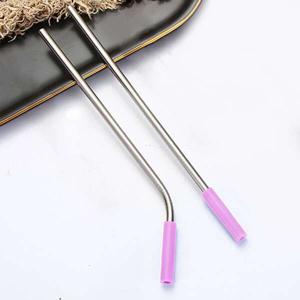 

2pcs Stainless Steel Straw With Silicone Head, Multicolor