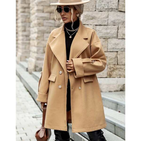 

Solid Lapel Neck Double Button Overcoat, Khaki