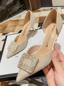 Rhinestone & Faux Pearl Decor Stiletto Heels - Apricot - View 1