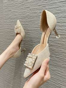 Rhinestone & Faux Pearl Decor Stiletto Heels - Apricot - View 4