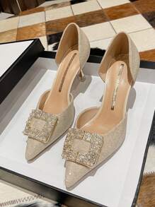 Rhinestone & Faux Pearl Decor Stiletto Heels - Apricot - View 5